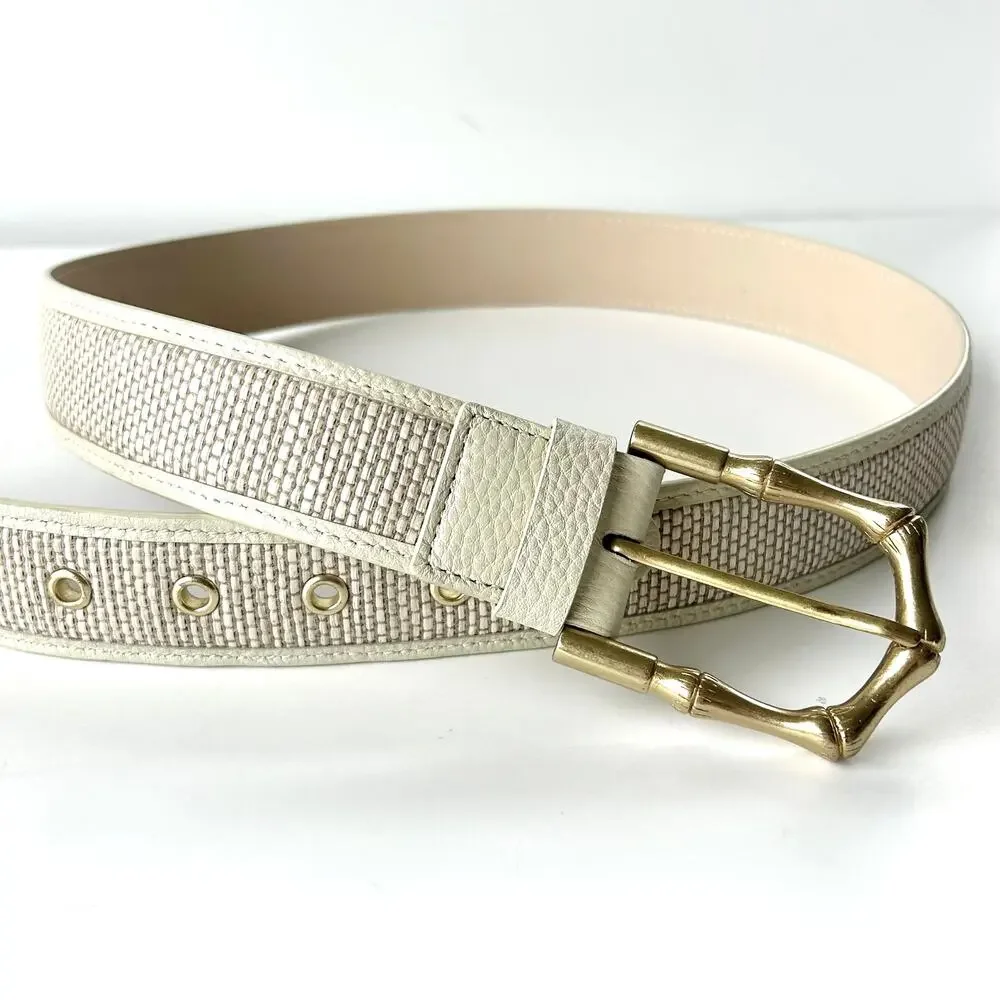 J.McLaughlin Jayla Grasscloth White Leather Raffia Belt Gold Bamboo Buckle M - Picture 12 of 15